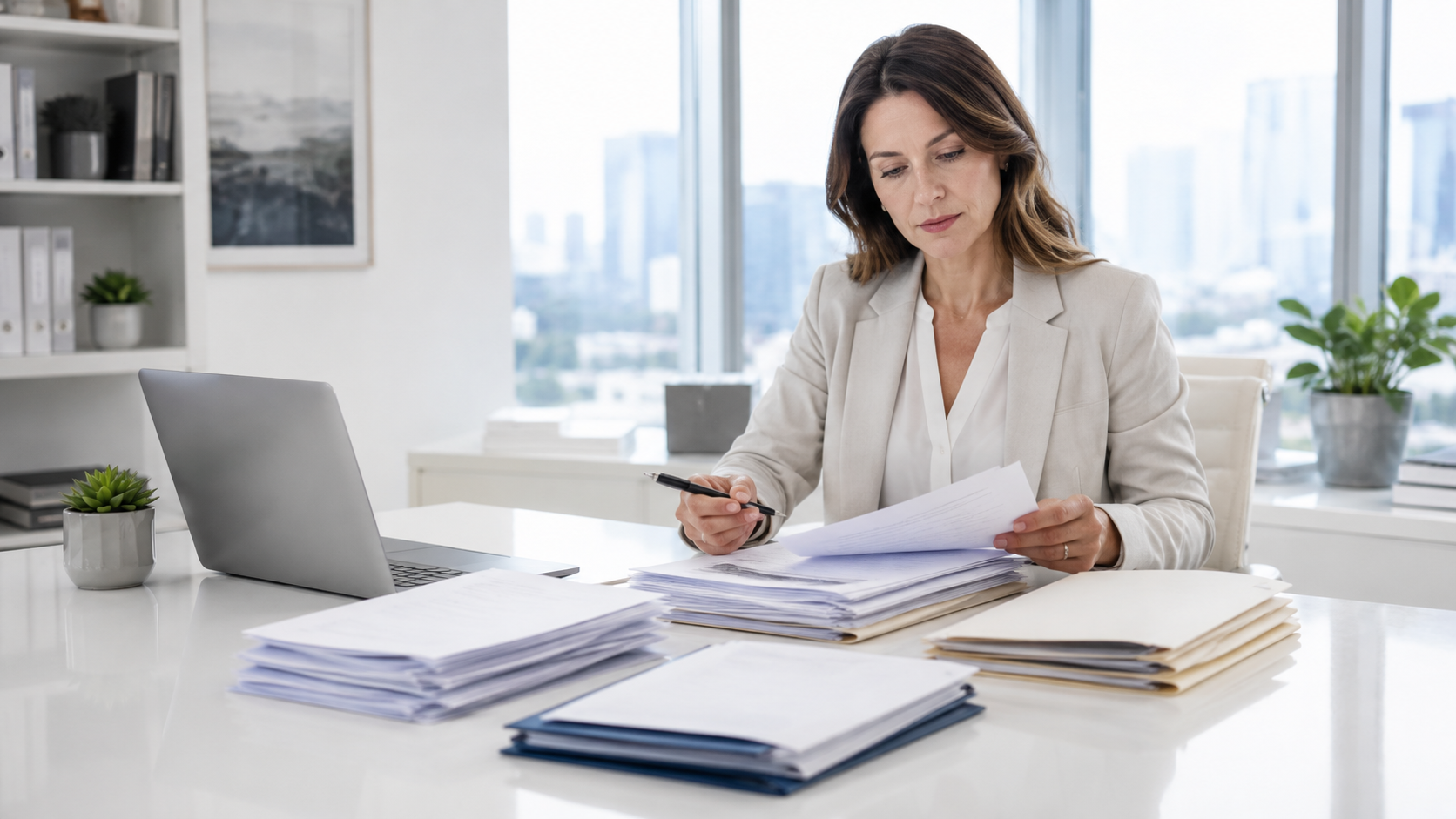 Legal professional organizing multiple documents before Bates numbering